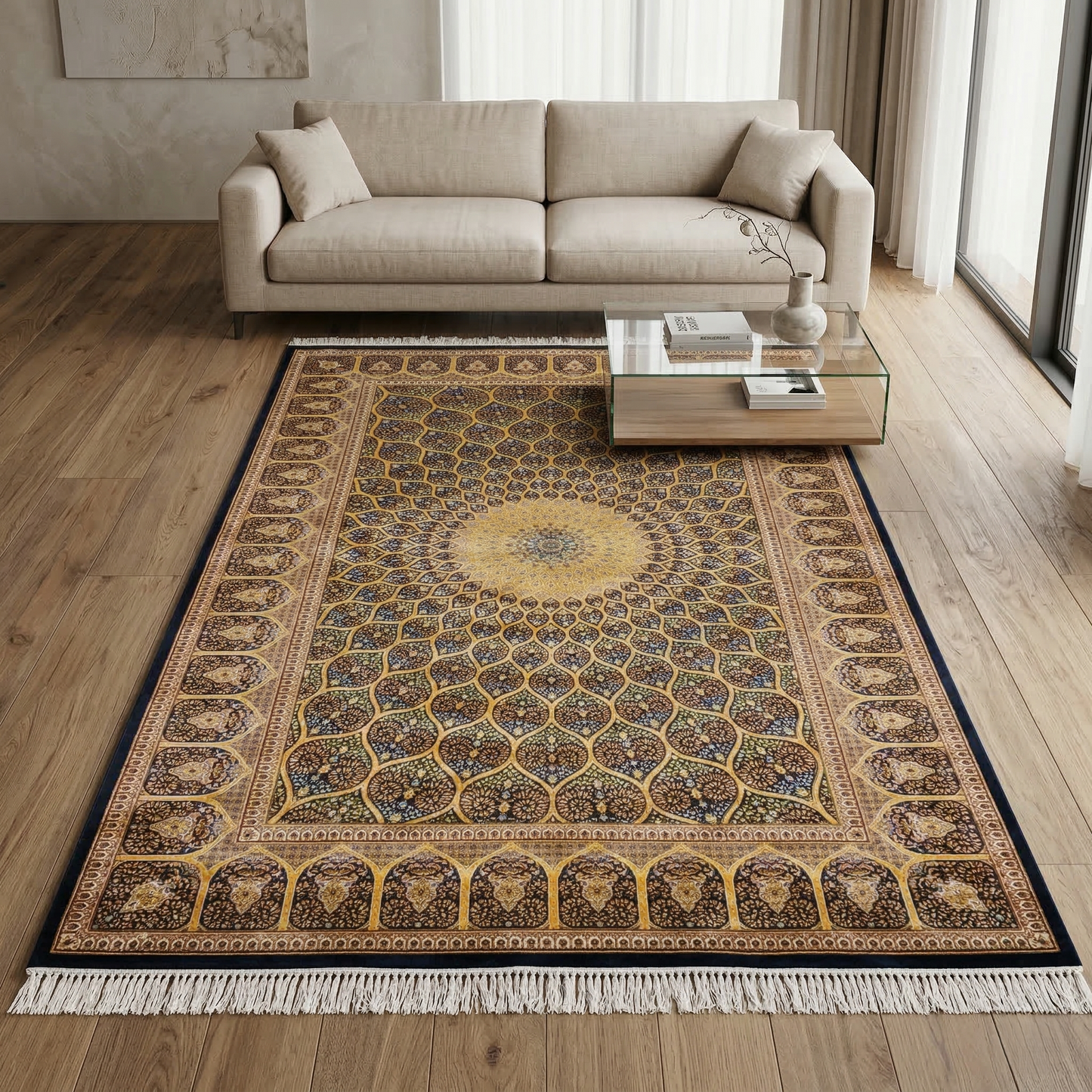 Persian Medallion Intricate Gold Silk Rug