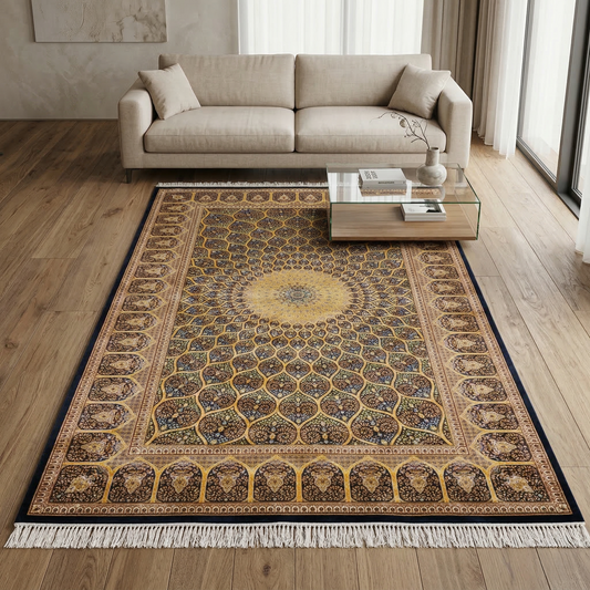 Persian Medallion Intricate Gold Silk Rug
