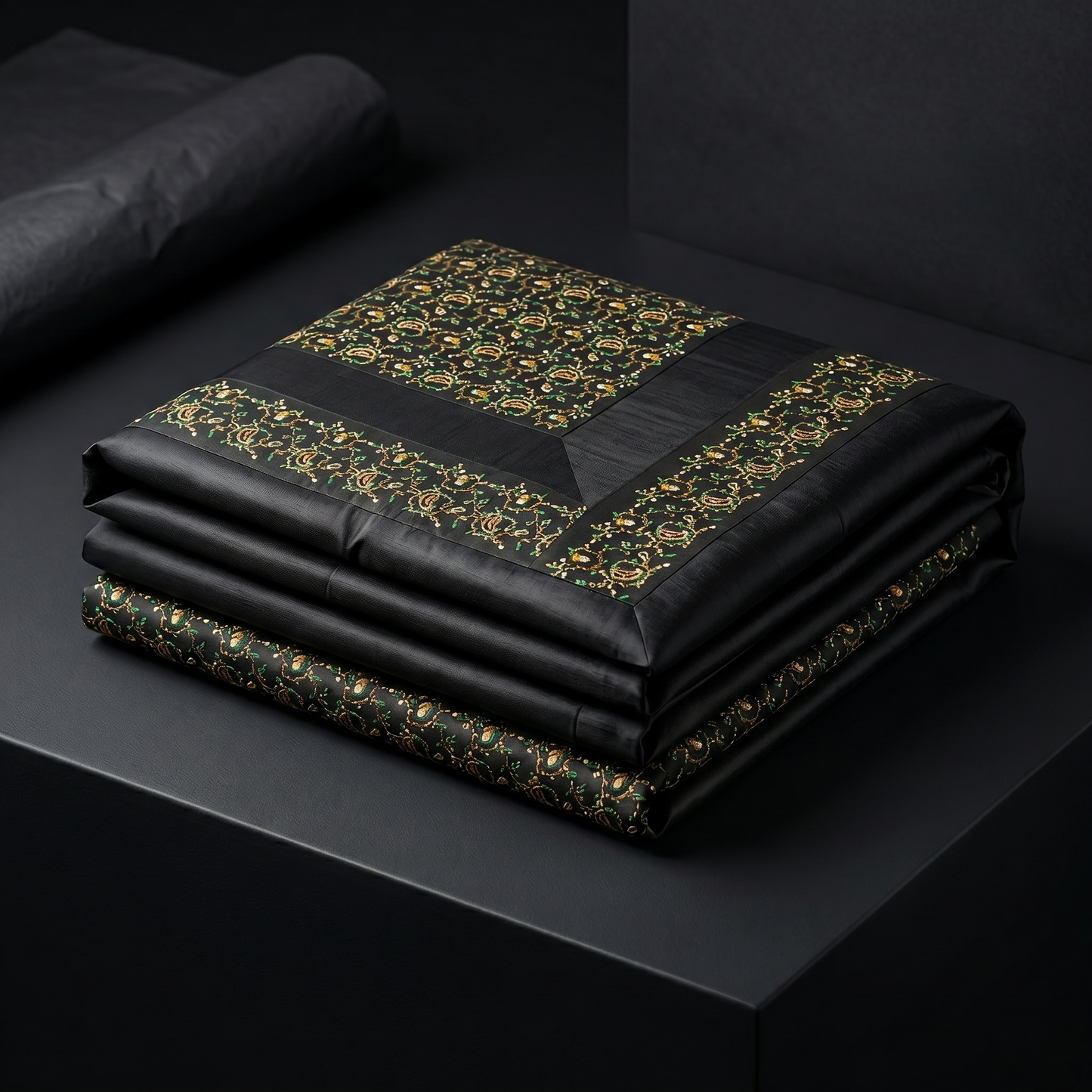 Matte Black Silk Embroidered Luxury Bedcover
