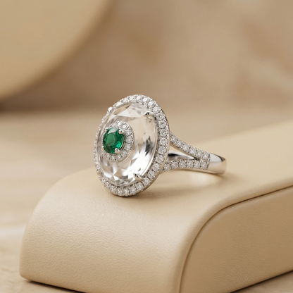 Silver Halo Rutilated Quartz Emerald Ring