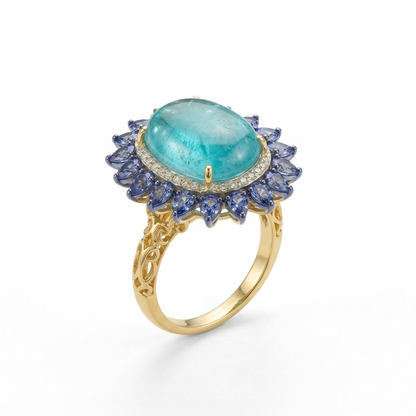 Azure Glow Ornate Silver Floral Ring