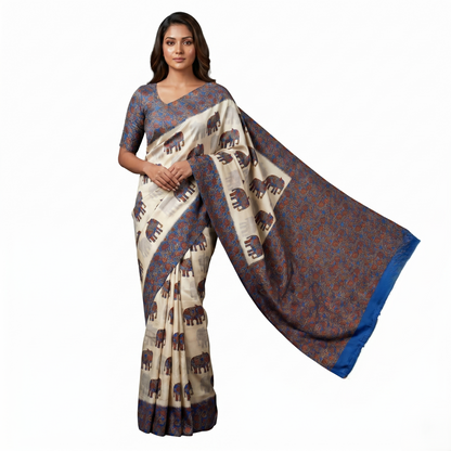 Elephants and Ajrakh Off-White Saree