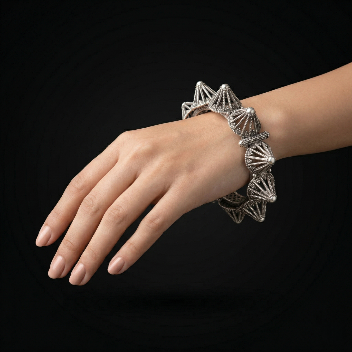 Ornate Silver Filigree Spiked Kada Bracelet
