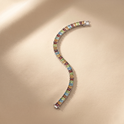 Elegant Multi Gemstone Silver Tennis Bracelet
