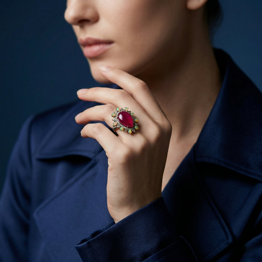 Silver Ruby Pear & Opal Halo Ring