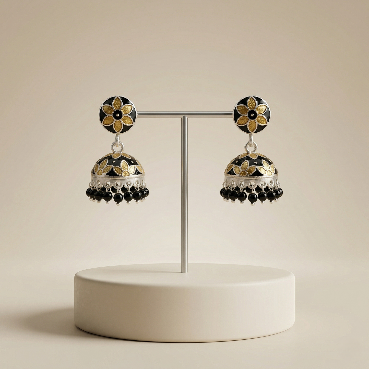 Floral Elegance Silver Enamel Jhumka Earrings