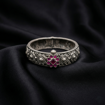 Vintage Floral Ruby 92.5 Silver Kada