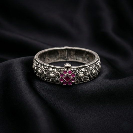 Vintage Floral Ruby 92.5 Silver Kada