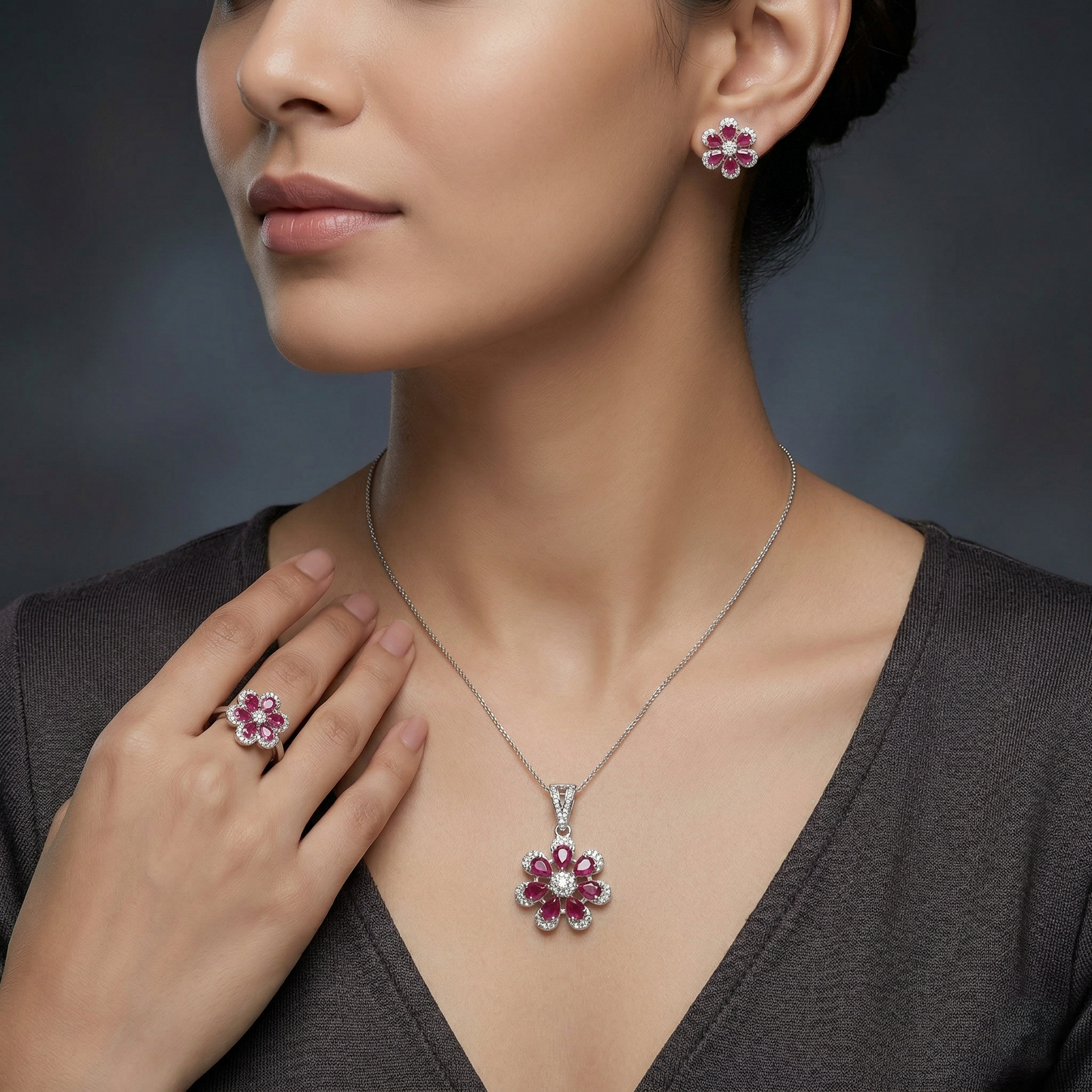Exquisite Ruby Floral 92.5 Silver Set