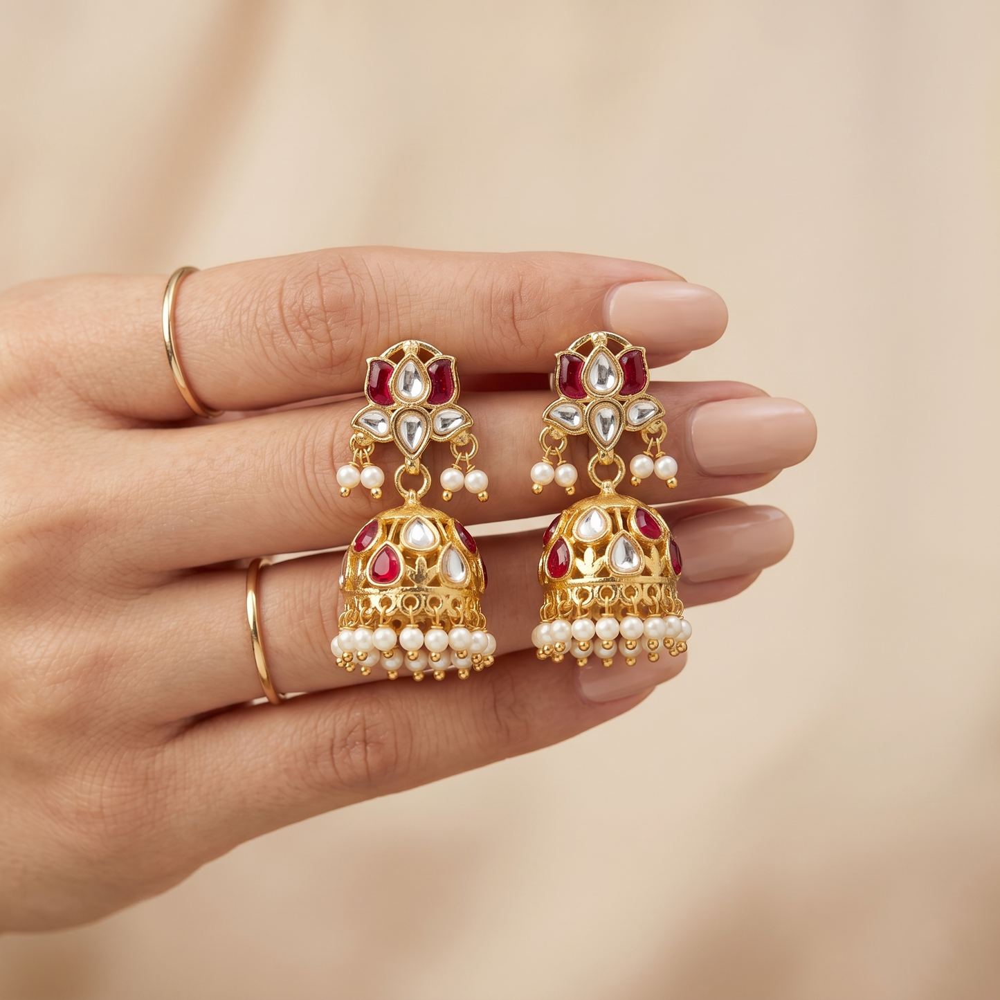 Kundan Lotus Motif Gold Plated Jhumkas