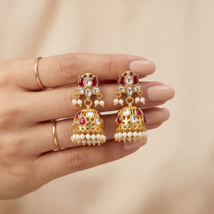 Kundan Lotus Motif Gold Plated Jhumkas