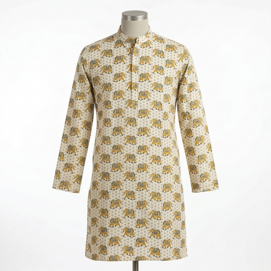 Ivory Hand Block Elephant Print Kurta