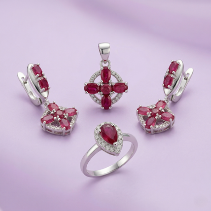 Regal Crimson Bloom Silver Pendant Set