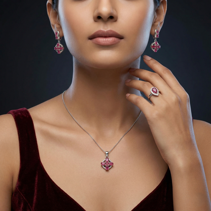 Regal Crimson Bloom Silver Pendant Set
