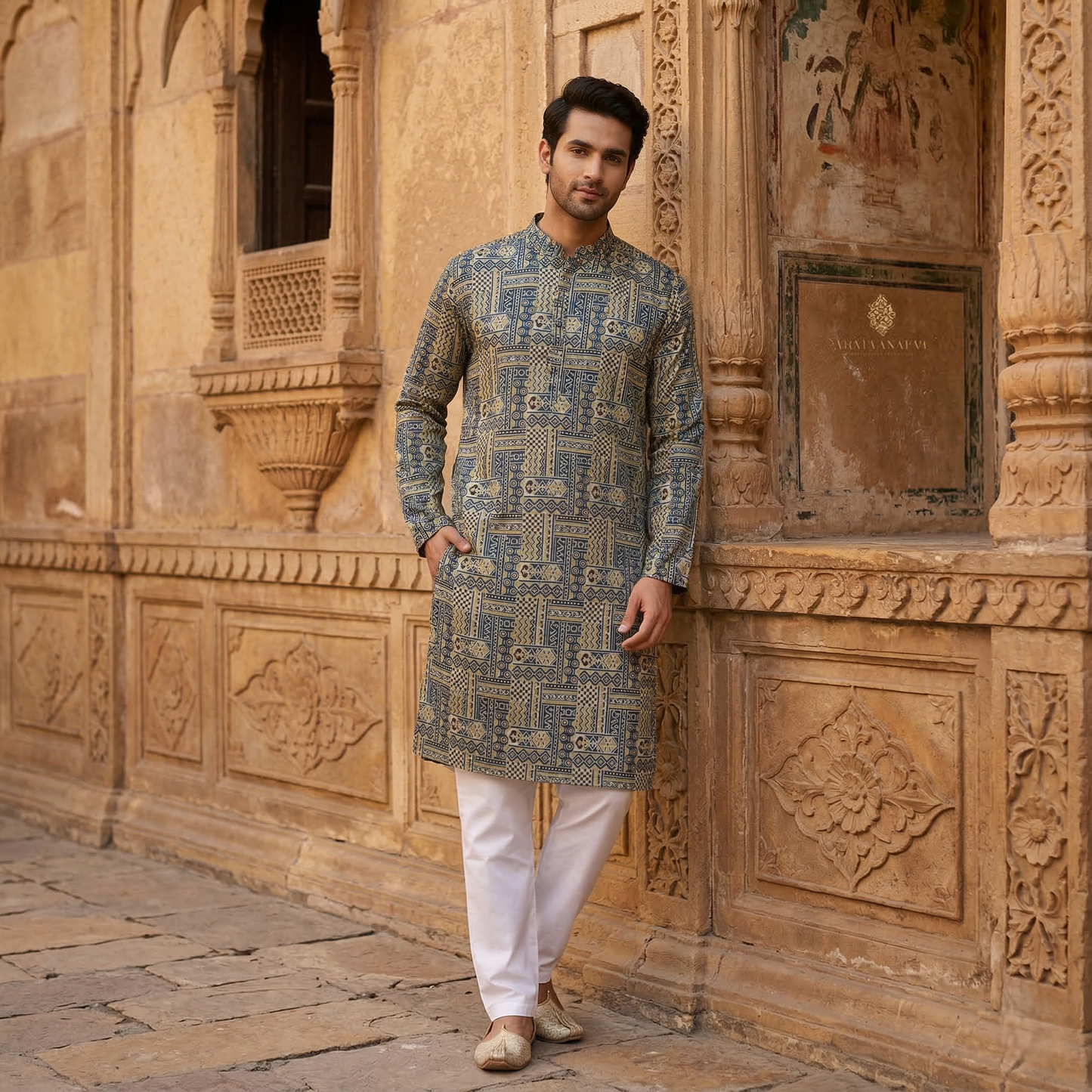 Geometric Azure Print Cotton Mens Kurta