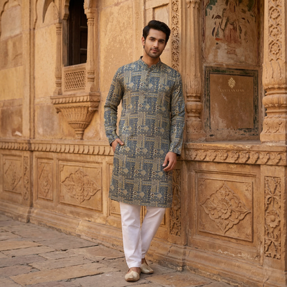 Geometric Azure Print Cotton Mens Kurta