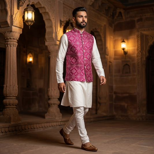 Royal Pink Patola Heritage Silk Waistcoat