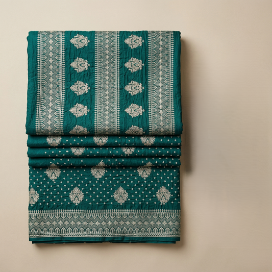 Teal Bandhani Saree with Silver Embroidery