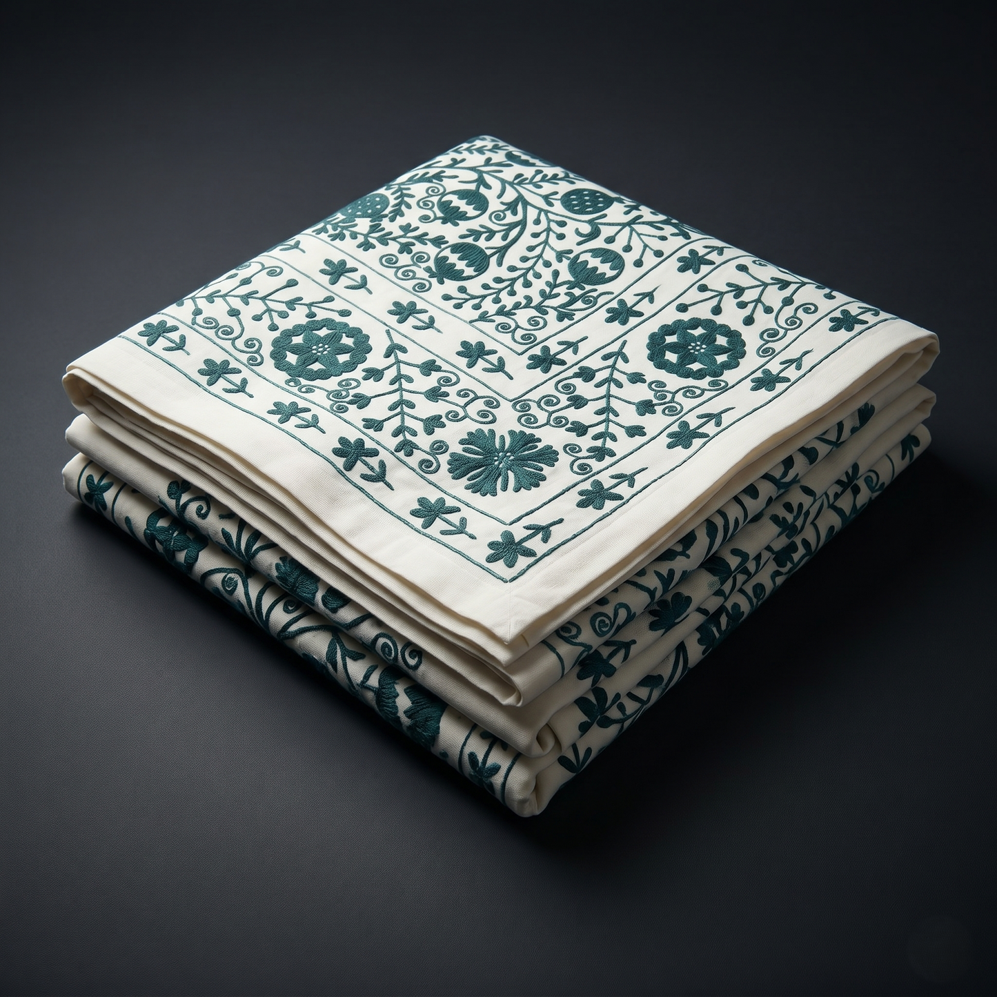 Intricate Emerald Floral Hand-Embroidered Luxury Bedcover