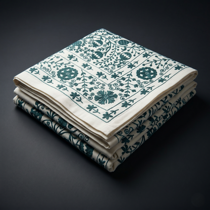 Intricate Emerald Floral Hand-Embroidered Luxury Bedcover