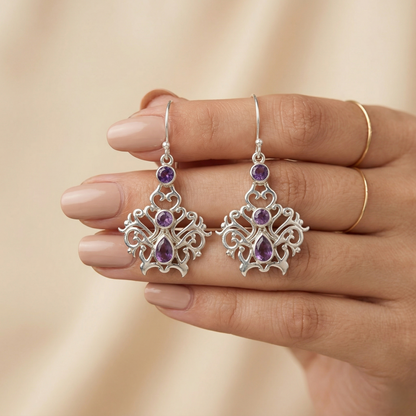Ornate Silver Filigree Amethyst Drop Earrings