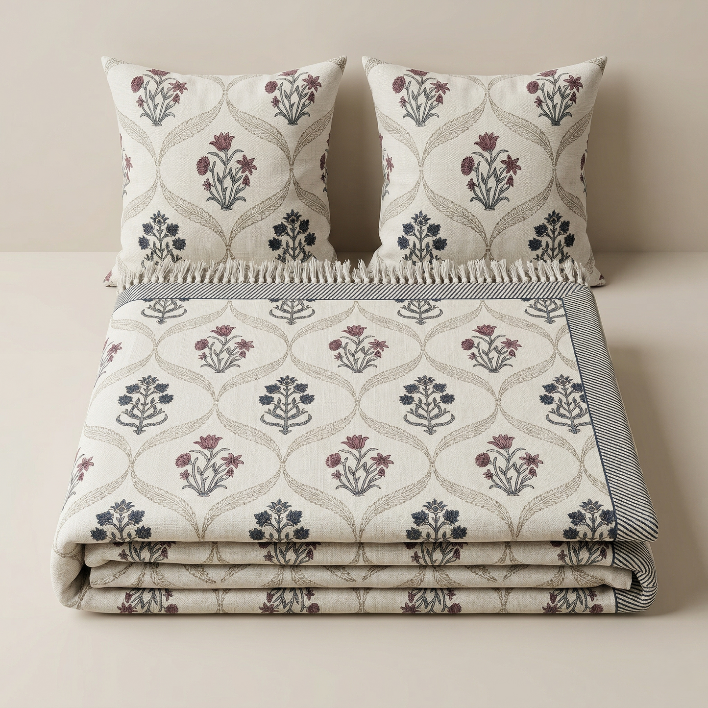 Heritage Bloom Hand-Block Khadi Bedcover Set
