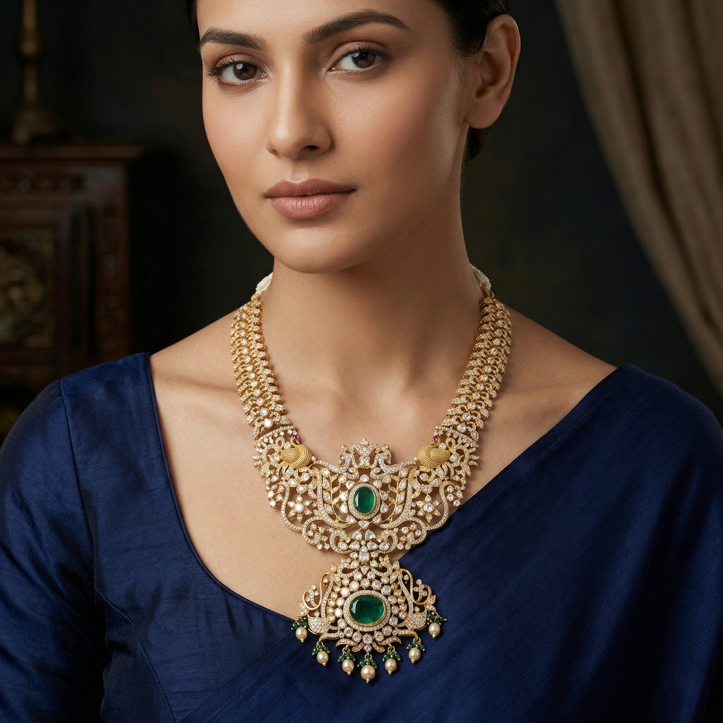 Emerald Heritage Peacock Silver Haram Necklace
