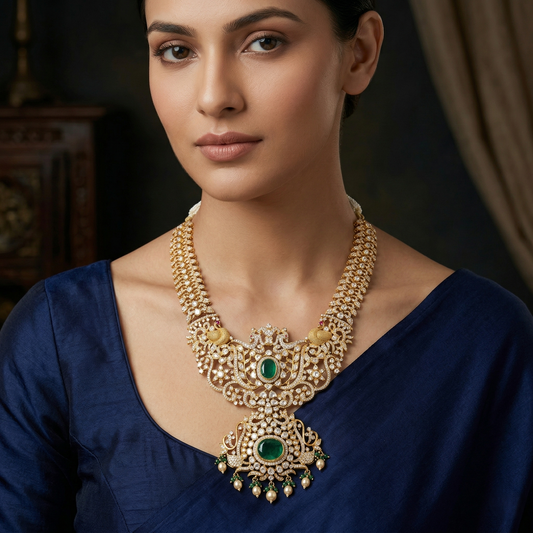 Emerald Heritage Peacock Silver Haram Necklace
