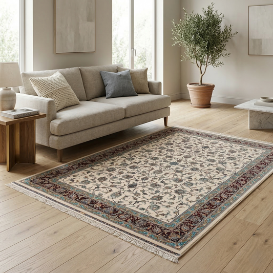 Intricate Floral Medallion Cream Silk Rug