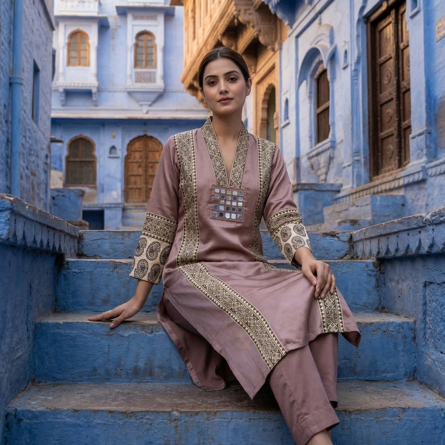 Elegant Earth Tone Mirror Work Silk Kurti
