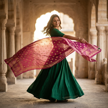 Magenta Banarasi Silk Floral Zari Dupatta
