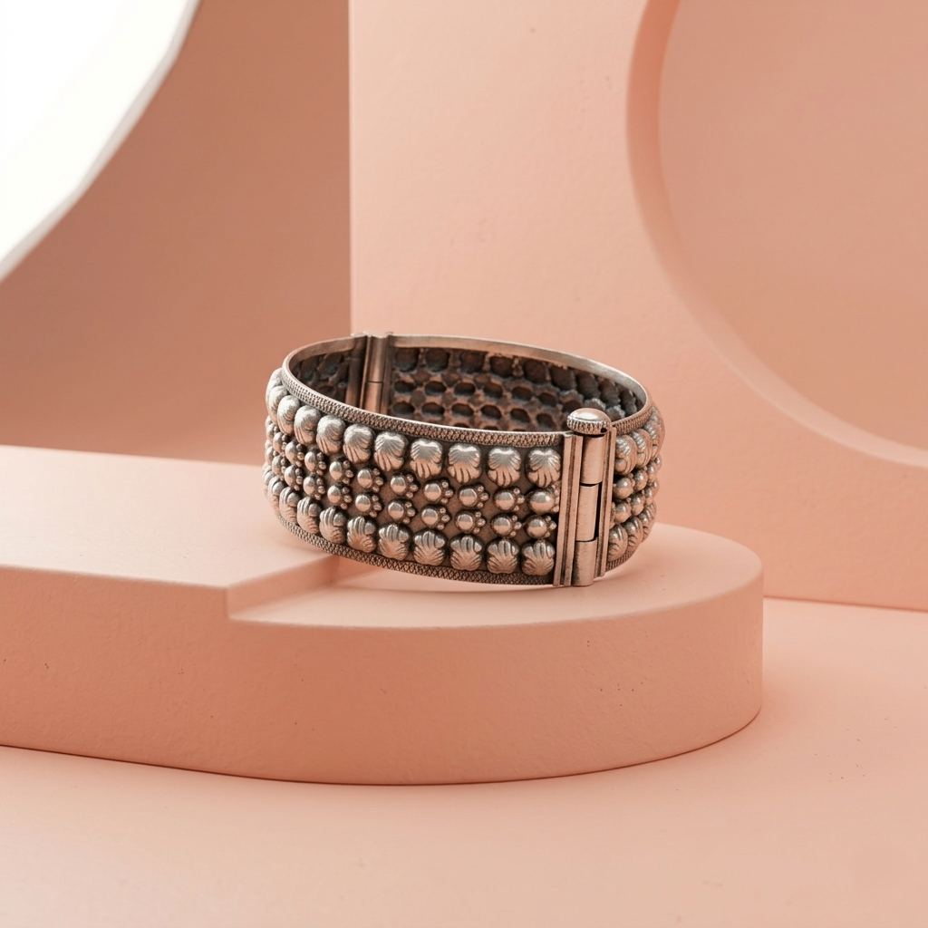 Antique Floral Textured Pure Silver Kada