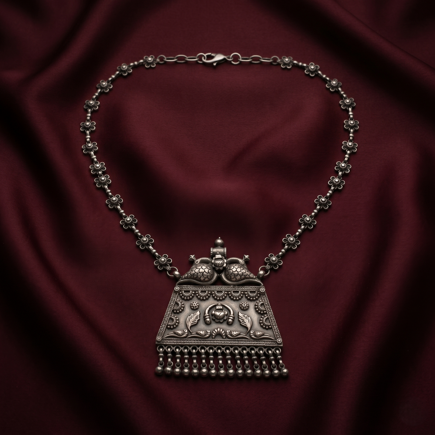 Intricate Floral Silver Necklace With Pendant