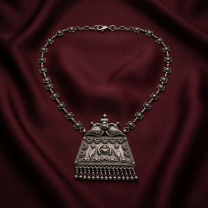 Intricate Floral Silver Necklace With Pendant