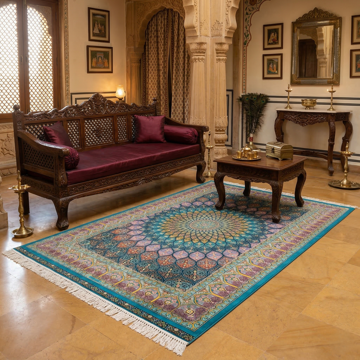Teal Mandala Silk-Touch Persian Rug
