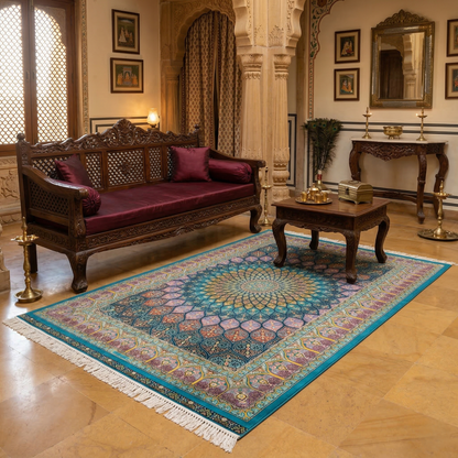 Teal Mandala Silk-Touch Persian Rug