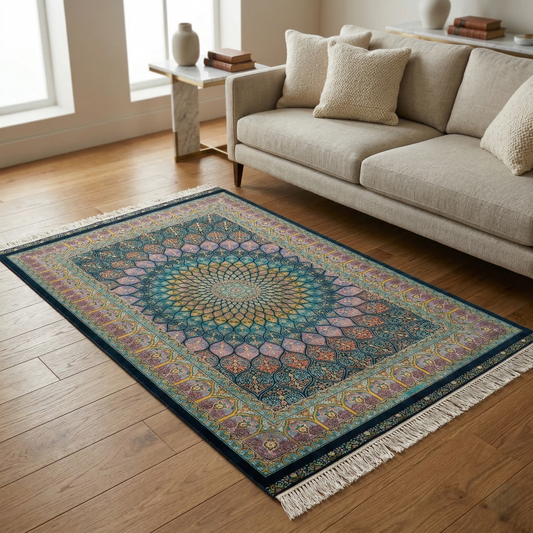 Teal Mandala Silk-Touch Persian Rug