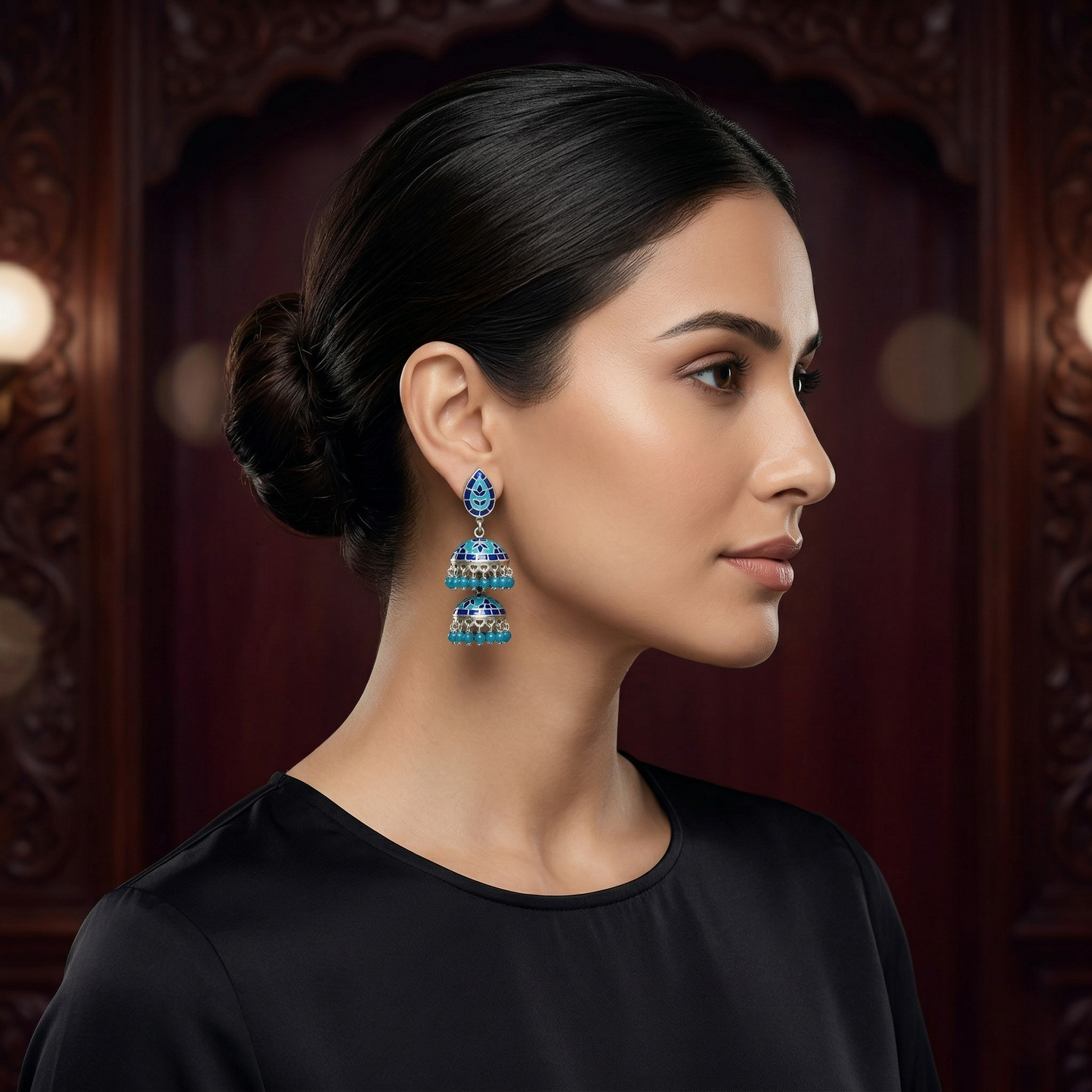 Ocean Azure Double-Tiered Silver Jhumkas