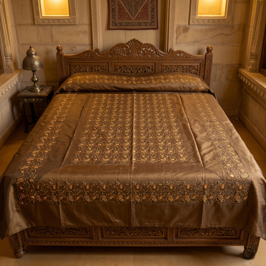 Royal Gold Embroidered Brown Silk Bedcover