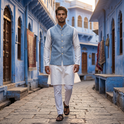 Premium Sky Blue Heritage Linen Waistcoat