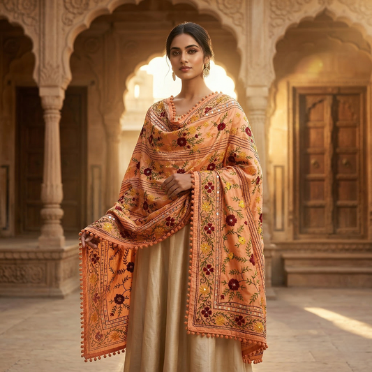 Floral Peach Phulkari Mirror Work Dupatta