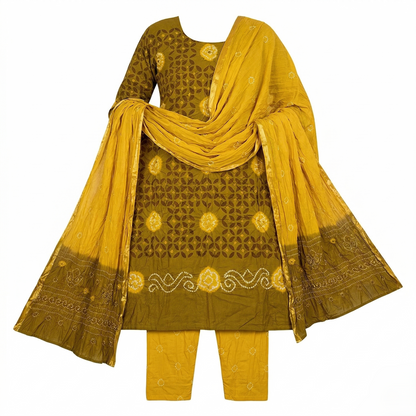 Mustard Bandhani Unstitched Cotton Suit