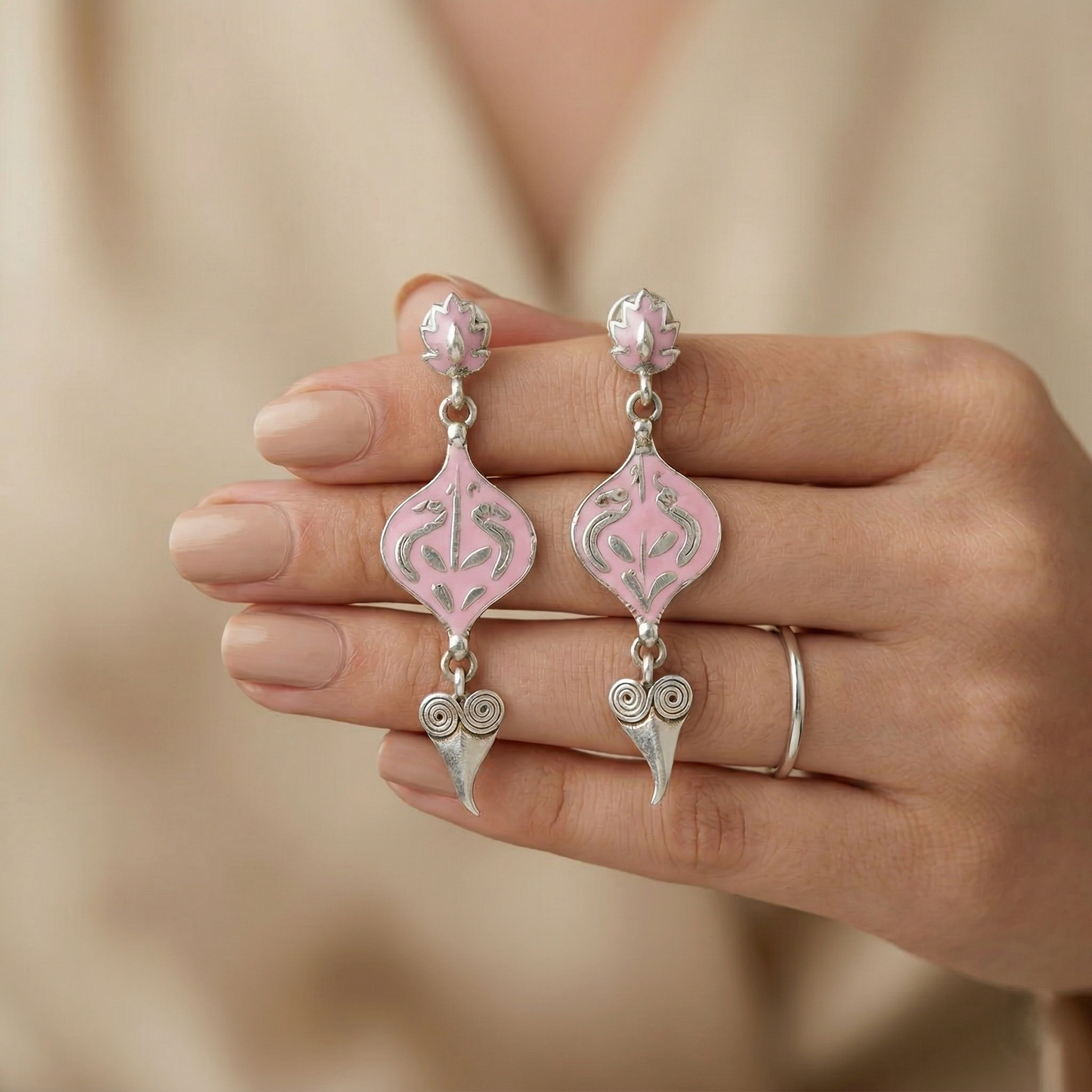Exquisite Pink Enamel Silver Floral Drop