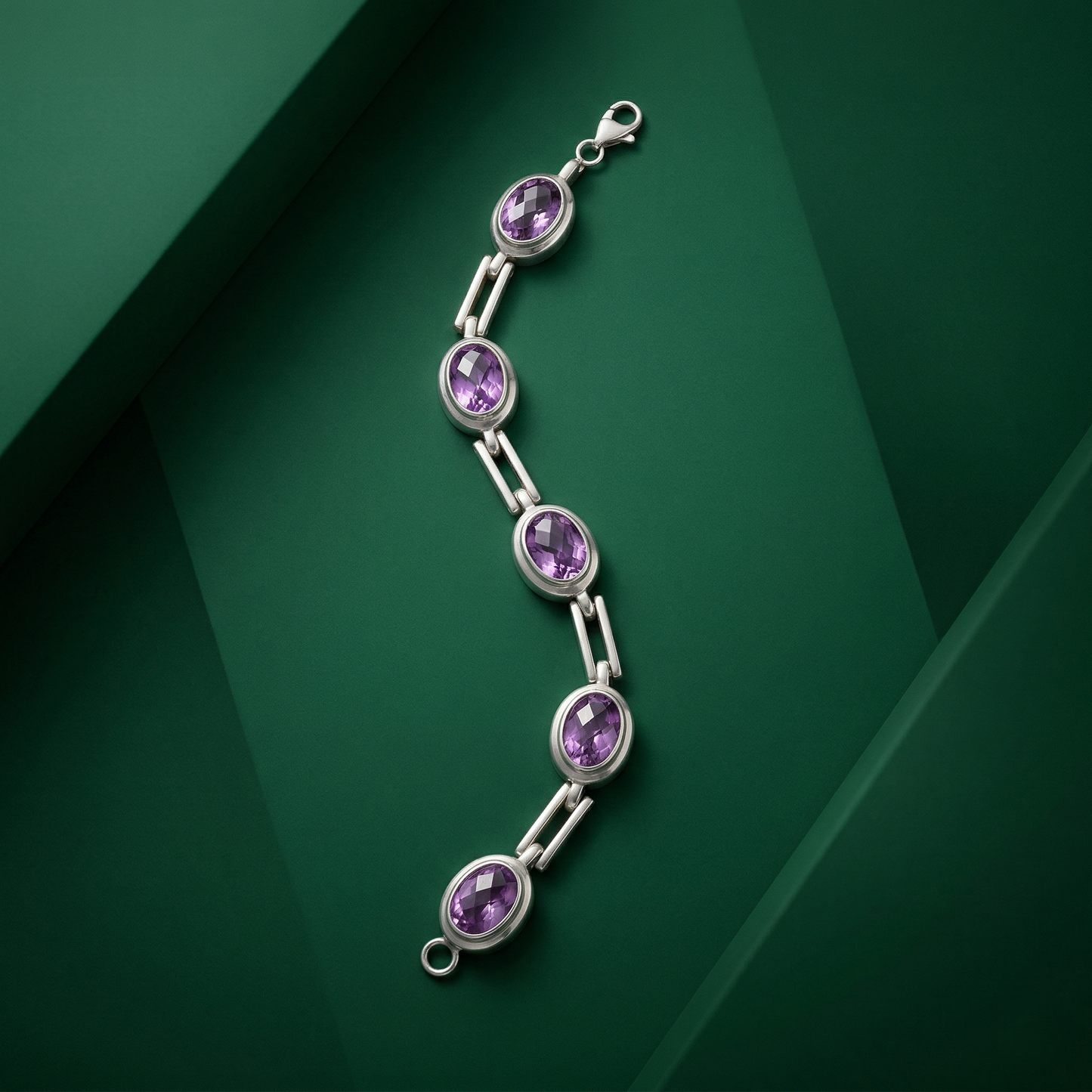 Elegant 92.5 Silver Amethyst Link Bracelet