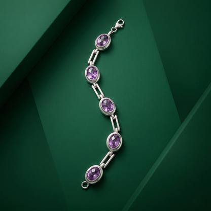 Elegant 92.5 Silver Amethyst Link Bracelet