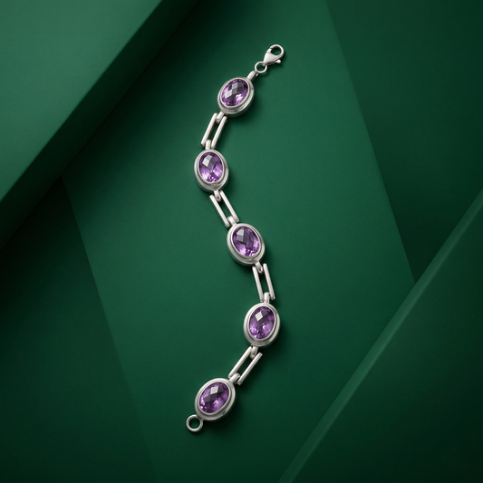 Elegant 92.5 Silver Amethyst Link Bracelet