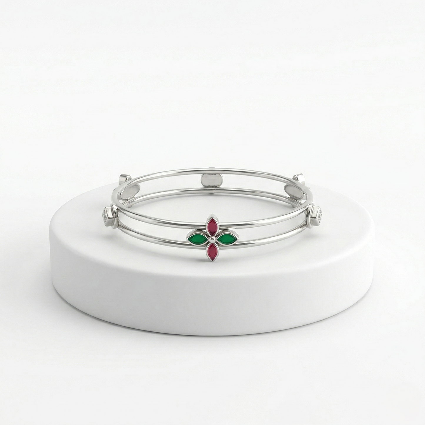 Dual-Band Silver Kada with Floral Accents