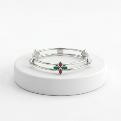 Dual-Band Silver Kada with Floral Accents