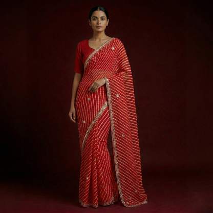 Crimson Leheriya Saree with Gota Work