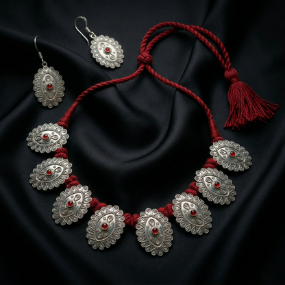Maroon Threaded Silver Tribal Necklace Set